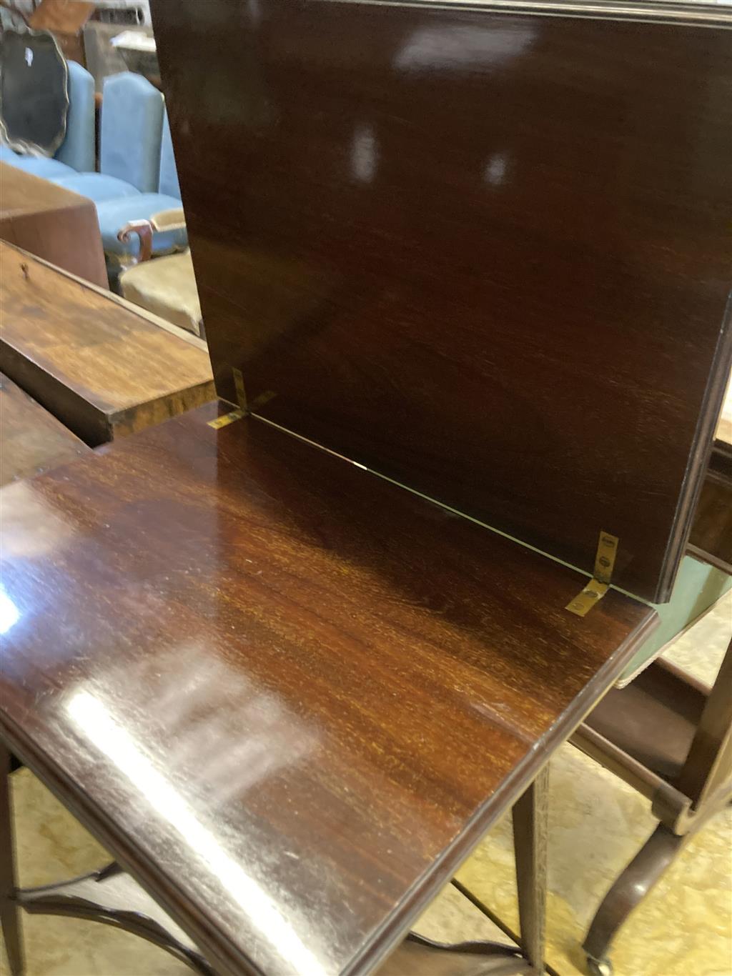 A late Victorian mahogany blind fret folding tea table, width 50cm, depth 38cm, height 65cm